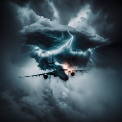 flying plane among thunderstorms and lightning
