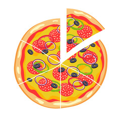 Vector pepperoni pizza with slice. Fast food Illustration
