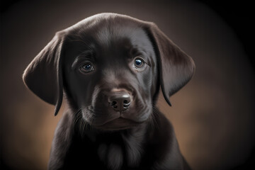 Black labrador puppy dog, cute portrait of a pet, isolated on dark background, generative ai
