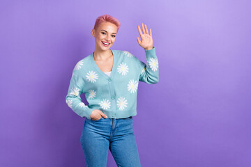 Portrait of good mood cheerful positive girl with pink hairdo wear blue pullover saying hi hello isolated on violet color background © deagreez