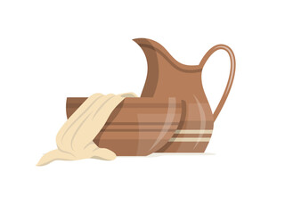 Basin, towel and clay jug with handle. The washing of the feet symbols - obrazy, fototapety, plakaty