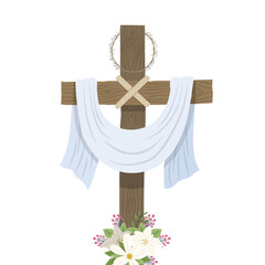 Holy week. The cross with the crown of thorns and the white cloth - 566401750
