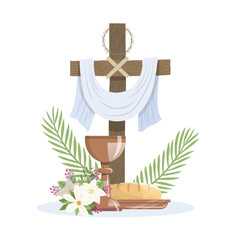 Holy Week. Cross, Crown of thorns, the white cloth, Palm Sunday and Maundy Thursday