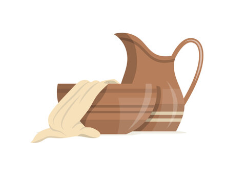 Basin, towel and clay jug with handle. The washing of the feet symbols