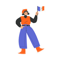 Typical French Woman Character in Red Vest and Beret Standing with Flag Vector Illustration