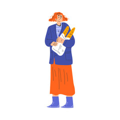 Typical French Woman Character in Red Skirt Standing with Fresh Baked Baguette Vector Illustration