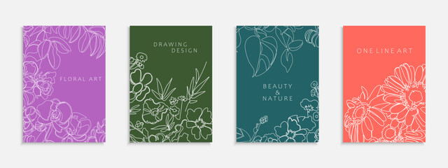 Set of hand drawn beautiful floral covers, templates, placards, brochures, banners and etc. Elegant contour bright backgrounds, postcards, posters, invitations.Color fashion cards with drawing flowers