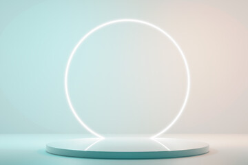 3D rendering of a pink platform with neon glowing ring. Composition of geometric shapes with empty space to showcase product design. 3d render.