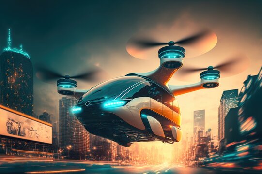 Future Of Urban Air Mobility, City Air Taxi, UAM Urban Air Mobility, Public Aerial Transportation, Passenger Autonomous Aerial Vehicle AAV In Futuristic City, Generative AI
