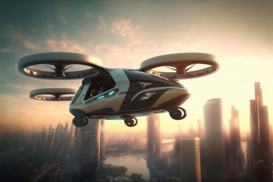 Future of urban air mobility, city air taxi, UAM urban air mobility, Public aerial transportation, Passenger Autonomous Aerial Vehicle AAV in futuristic city, Generative AI
