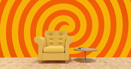Composite of retro yellow armchair and table and copy space over orange and yellow circles