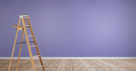 Composition of wooden ladder on wooden boards with purple wall and copy space