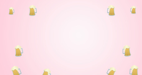 Image of multiple beer glasses and copy space over pink background