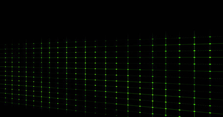 Composition of network of rows of green dots and copy space on black background