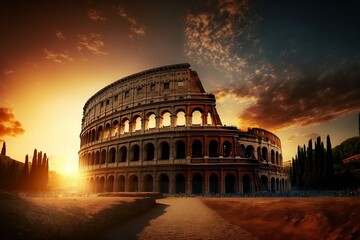 Fototapeta premium Famous Roman Colosseum amphitheater under the breathtaking sky at sunrise - Generative Ai