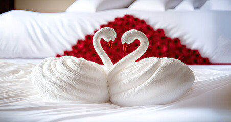 Fototapeta na wymiar Two swans made from towels are kissing on honeymoon white bed. Valentine signature made from red rose flower on bed decoration in bedroom. Valentine background. honey moon