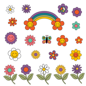 set of isolated retro groovy flowers, rainbow, butterfly
