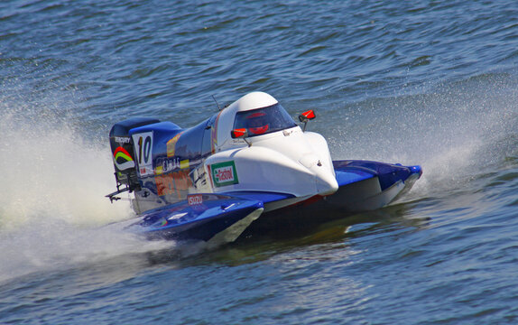 Powerboat of F1 Atlantic Team in action during Formula 1 H2O Powerboat World Championship GrandPrix in Vyshgorod, Ukraine