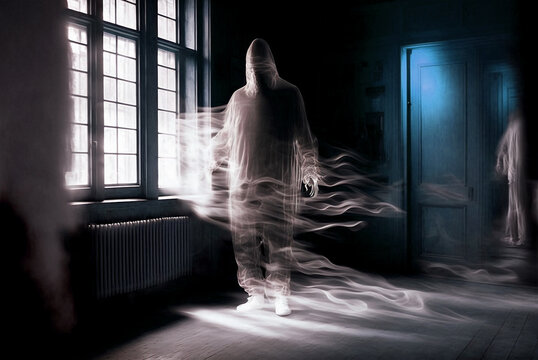 Blur, transparent and mysterious ghost walking the mansion corridors. Ghost in the house. Midnight nightmare. Generative AI