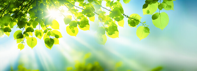 A fresh spring, summer sky background with strong sunlight shining through the trees.
