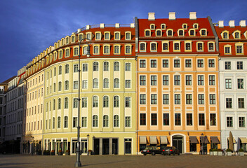 Fototapeta na wymiar Close-up colourful buildings at Neumarkt square in Dresden, Germany