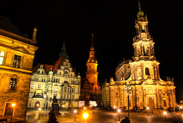 Fototapeta na wymiar Dresden, Germany at night. View to Schlossplatz and St. Trinitatis Cathedral