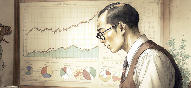 Generative AI Illustration of Analyst working on business analytics dashboard. Businessman. Drawing.