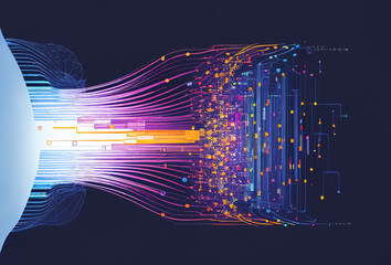 Big data technology and data science illustration. Data flow concept. Neural network. Data mining. Generative AI.