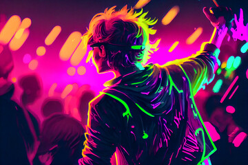 Obraz na płótnie Canvas neon Handsome boy dancing at the rave party with fluorescent paintings, Generative AI