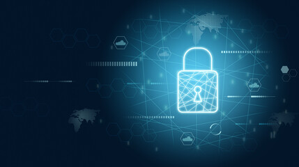 Glowing neon padlock icon on blue background, personal data protection concept