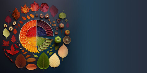 Minimal autumn leaves knolling background for a banner illustration made with Generative AI