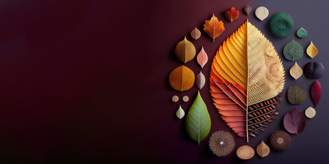 Minimal autumn leaves knolling background for a banner illustration made with Generative AI