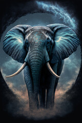 Elephant against a cloudy mystical backdrop of twinkling stars, illustration