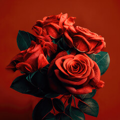 Naklejka premium bouquet of red roses with sprigs of gypsophila for Sint Valentin, lovers' day