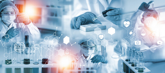 Double exposure microscope and Young woman scientific using equipment in the laboratory for research.Biotechnology,development,chemical,vaccine,COVID-19. Photo concept experimentation and research.