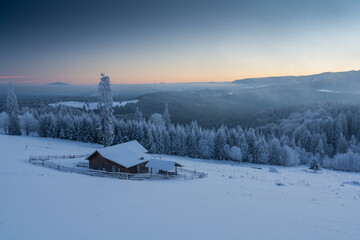 Blue hour in the Carpathian Mountains, Transylvania, Romania. Landscape phtotography