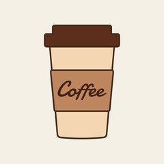 Delicious coffee paper cup icon with the inscription coffee. Drink vector illustration design
