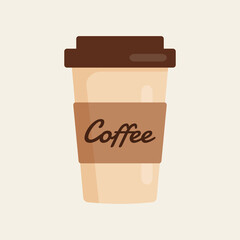 Delicious coffee paper cup icon with the inscription coffee. Drink vector illustration design