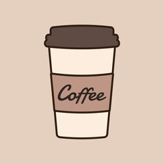 Delicious coffee paper cup icon with the inscription coffee. Drink vector illustration design
