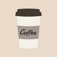 Delicious coffee paper cup icon with the inscription coffee. Drink vector illustration design