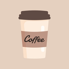 Delicious coffee paper cup icon with the inscription coffee. Drink vector illustration design