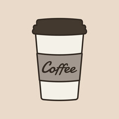 Delicious coffee paper cup icon with the inscription coffee. Drink vector illustration design
