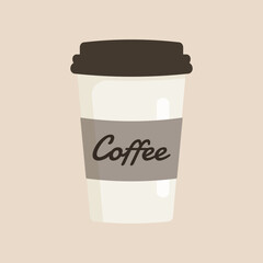 Delicious coffee paper cup icon with the inscription coffee. Drink vector illustration design