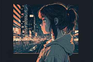 Cute Anime woman looking at the cityscape by night time. A sad, moody. Manga, lofi style. AI - obrazy, fototapety, plakaty