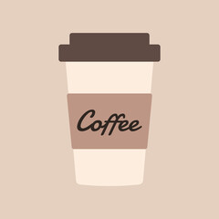 Delicious coffee paper cup icon with the inscription coffee. Drink vector illustration design