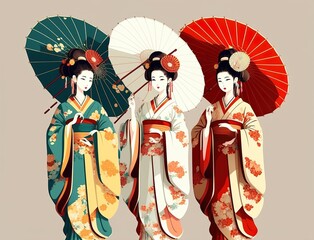 Group of anime manga girls in traditional Japanese kimono costume holding paper umbrella. AI