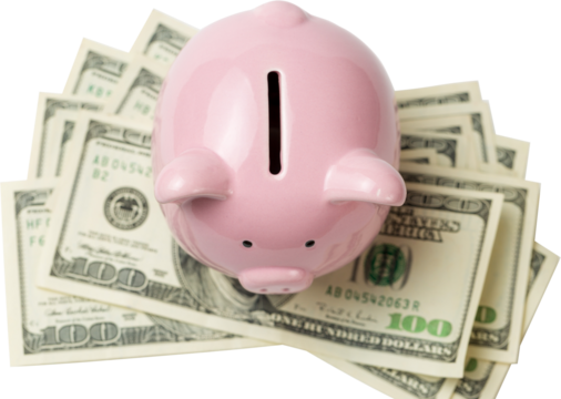 Pig piggy bank on the background of 100 US dollar bills and physical coins of bitcoins. Concept of wealth and exchange..