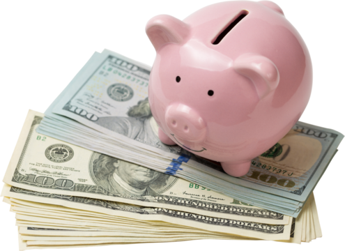 Pig piggy bank on the background of 100 US dollar bills and physical coins of bitcoins. Concept of wealth and exchange.. - Powered by Adobe