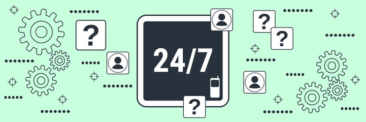24-hour service, online support, hotline flat contour style vector concept illustration