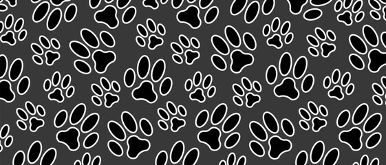 Animal footprint black and white background. Paw foot trail print. Vector illustration backdrop.